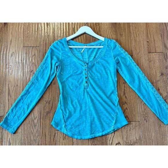 Free People Shell sleeve lace trim Henley turquoise small - Picture 2 of 11